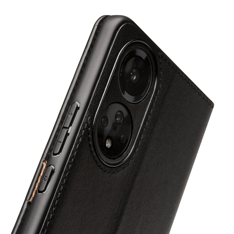 QIALINO Genuine Cowhide Leather Wallet Stand Phone Case Shell for Honor 50 / Huawei nova 9 - Black
