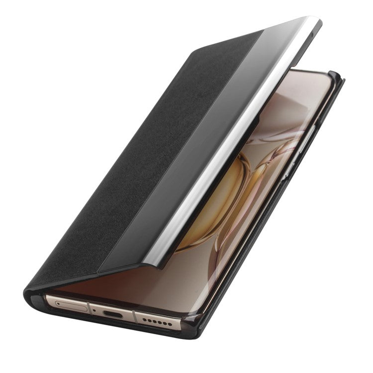 QIALINO View Window Design Ultra-Thin Top Layer Genuine Cowhide Leather Case Protective Phone Cover for Huawei P50 Pro - Black