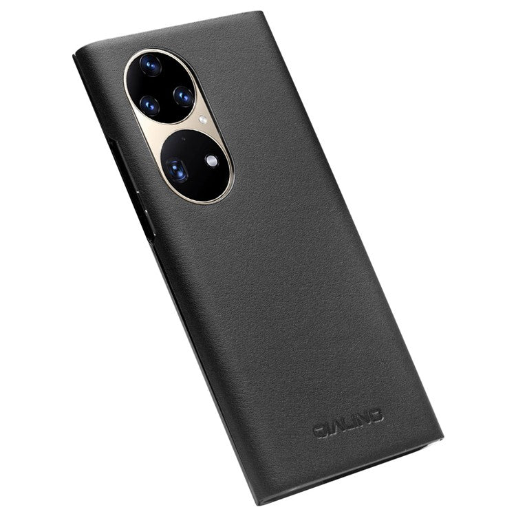 QIALINO View Window Design Ultra-Thin Top Layer Genuine Cowhide Leather Case Protective Phone Cover for Huawei P50 Pro - Black