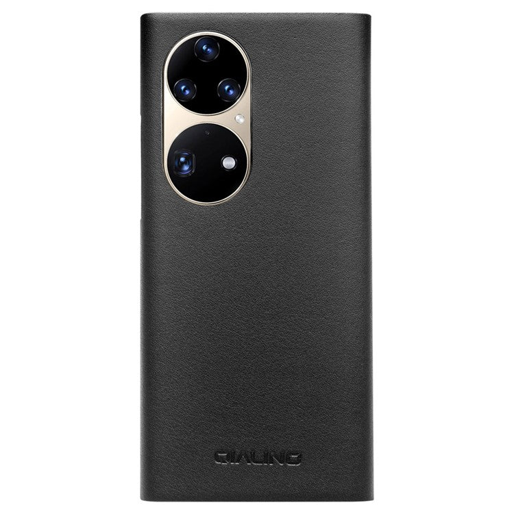 QIALINO View Window Design Ultra-Thin Top Layer Genuine Cowhide Leather Case Protective Phone Cover for Huawei P50 Pro - Black