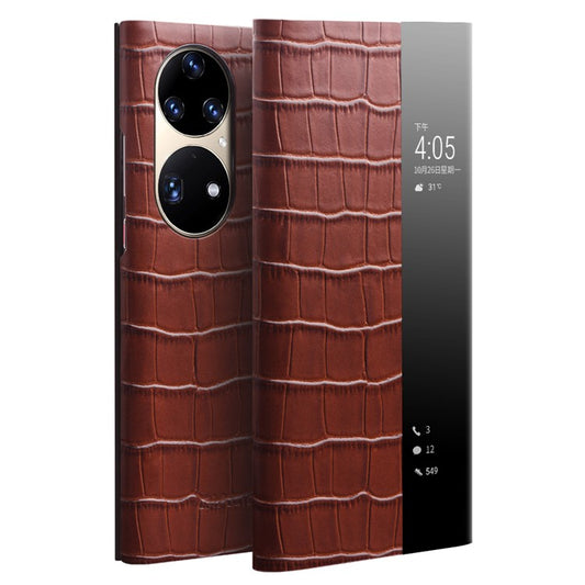 QIALINO Auto Wake/Sleep Ultra-slim Crocodile Texture Genuine Leather View Window Phone Case Shell for Huawei P50 - Brown