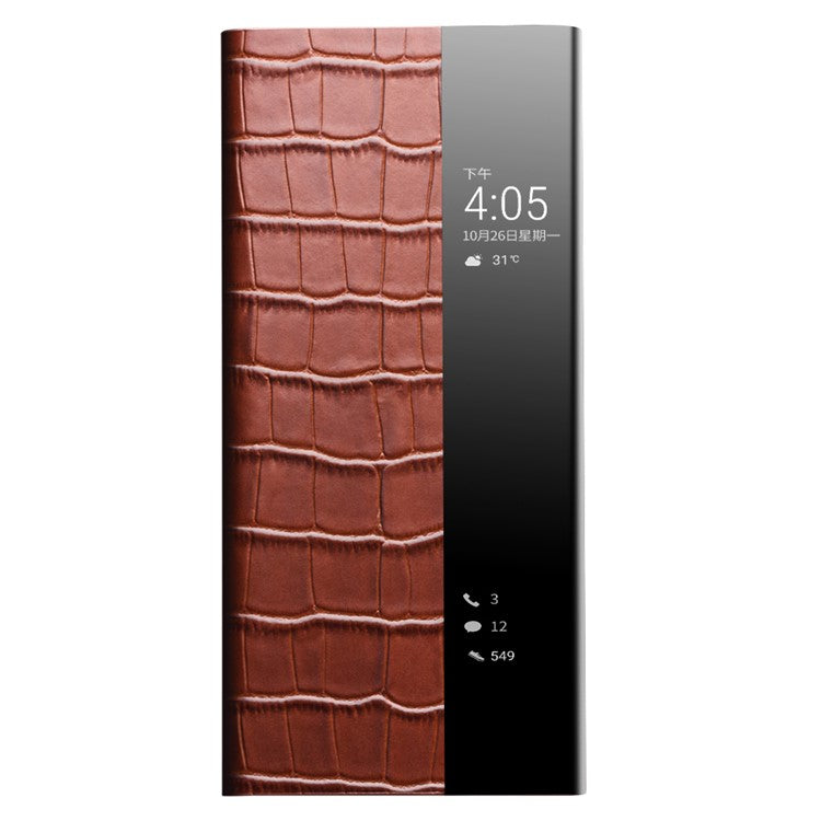 QIALINO Auto Wake/Sleep Ultra-slim Crocodile Texture Genuine Leather View Window Phone Case Shell for Huawei P50 - Brown