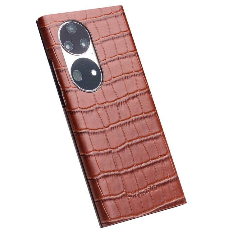QIALINO Auto Wake/Sleep Ultra-slim Crocodile Texture Genuine Leather View Window Phone Case Shell for Huawei P50 - Brown