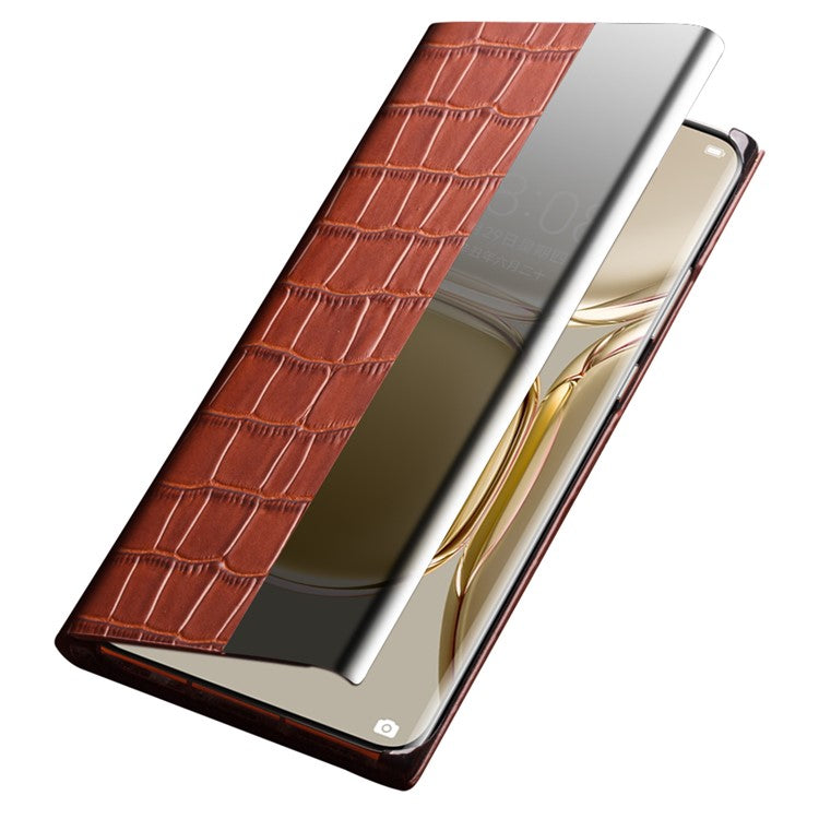 QIALINO Auto Wake/Sleep Ultra-slim Crocodile Texture Genuine Leather View Window Phone Case Shell for Huawei P50 - Brown