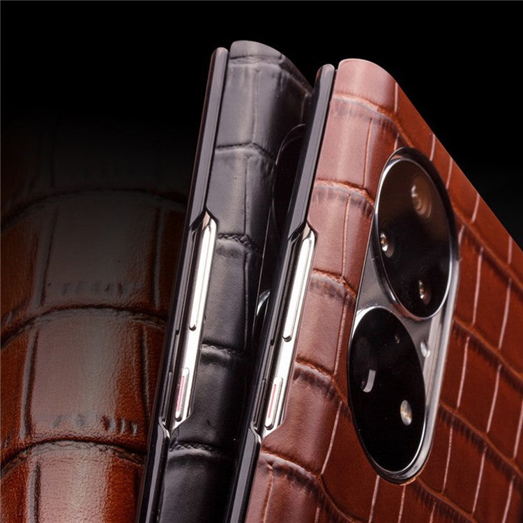 QIALINO Auto Wake/Sleep Ultra-slim Crocodile Texture Genuine Leather View Window Phone Case Shell for Huawei P50 - Brown