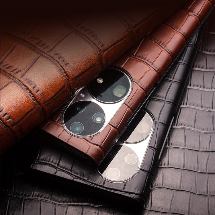 QIALINO Auto Wake/Sleep Ultra-slim Crocodile Texture Genuine Leather View Window Phone Case Shell for Huawei P50 - Brown