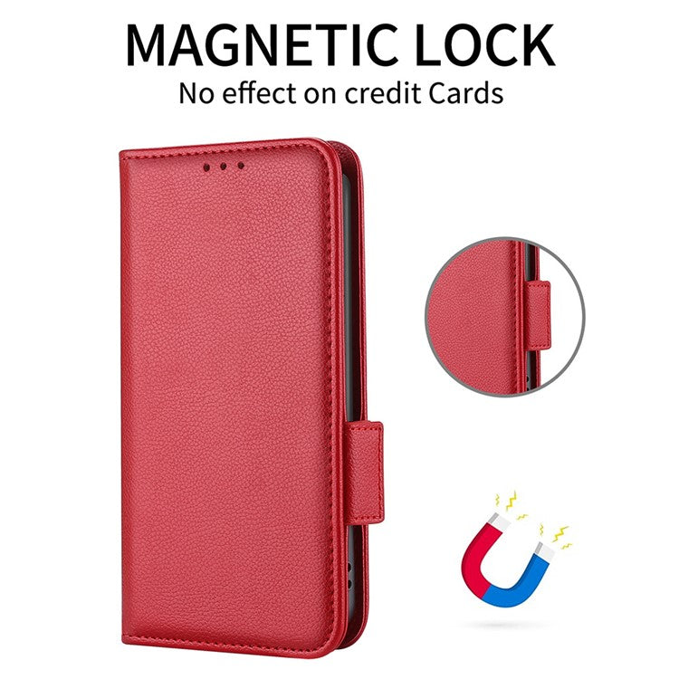 Double Magnetic Clasp Litchi Texture PU Leather Stand Flip Cover Anti-Fall Protective Wallet Phone Case for Huawei nova 8i / Honor 50 Lite - Red