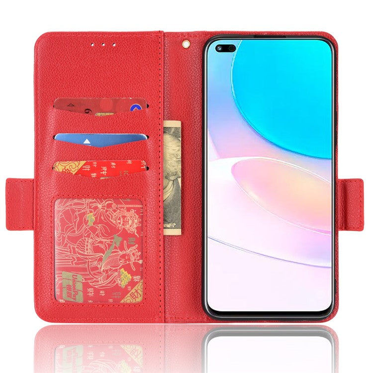 Double Magnetic Clasp Litchi Texture PU Leather Stand Flip Cover Anti-Fall Protective Wallet Phone Case for Huawei nova 8i / Honor 50 Lite - Red