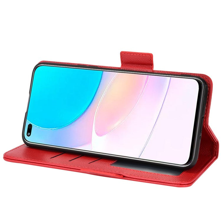Double Magnetic Clasp Litchi Texture PU Leather Stand Flip Cover Anti-Fall Protective Wallet Phone Case for Huawei nova 8i / Honor 50 Lite - Red