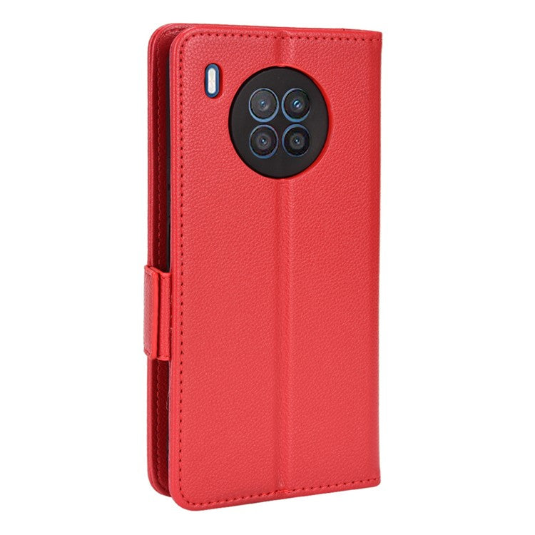 Double Magnetic Clasp Litchi Texture PU Leather Stand Flip Cover Anti-Fall Protective Wallet Phone Case for Huawei nova 8i / Honor 50 Lite - Red