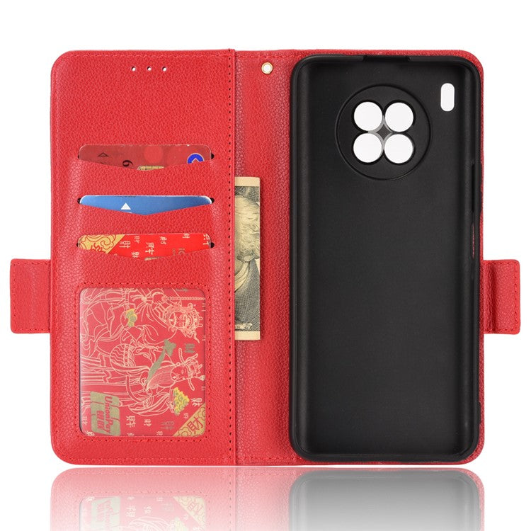 Double Magnetic Clasp Litchi Texture PU Leather Stand Flip Cover Anti-Fall Protective Wallet Phone Case for Huawei nova 8i / Honor 50 Lite - Red