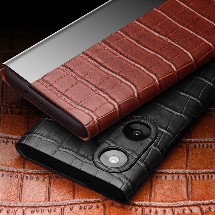 QIALINO For Honor 50 Pro/Huawei nova 9 Pro Crocodile Texture Phone Case Top Layer Cowhide Leather Cover with View Window - Brown