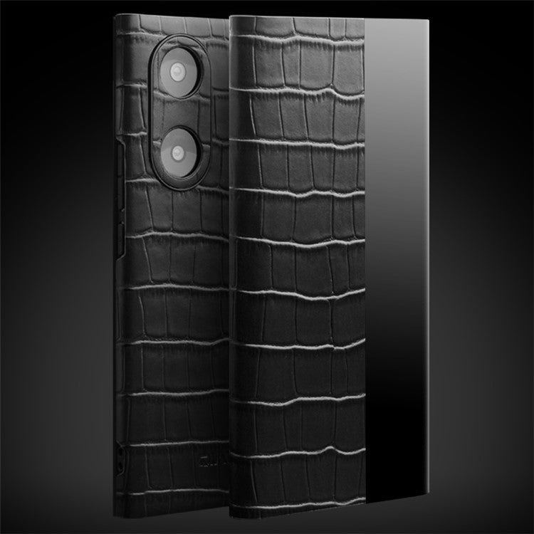 QIALINO Top Layer Cowhide Leather Phone Case for Honor 50/Huawei nova 9, Crocodile Texture View Window Protective Cover - Black