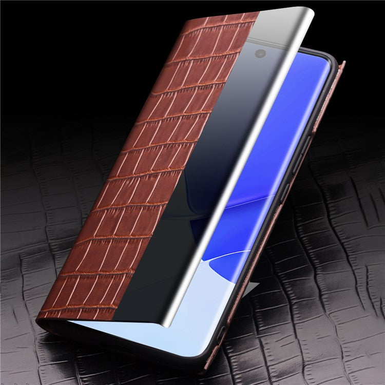 QIALINO Top Layer Cowhide Leather Phone Case for Honor 50/Huawei nova 9, Crocodile Texture View Window Protective Cover - Black