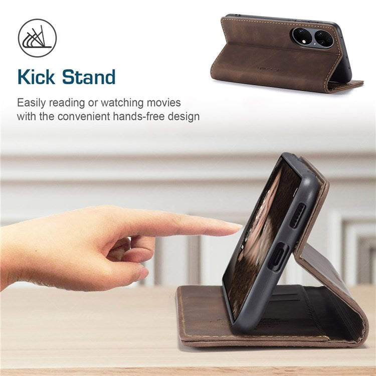 CASEME 013 Series for Huawei P50 Wallet PU Leather Case Foldable Stand Magnetic Auto-absorbed Flip Cover - Coffee