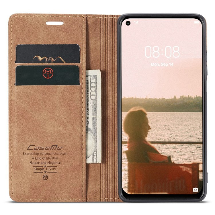 CASEME 013 Series for Huawei P40 lite 4G/Nova 7i/nova 6 SE PU Leather Folio Flip Wallet Cover Adjustable Stand Phone Case - Brown