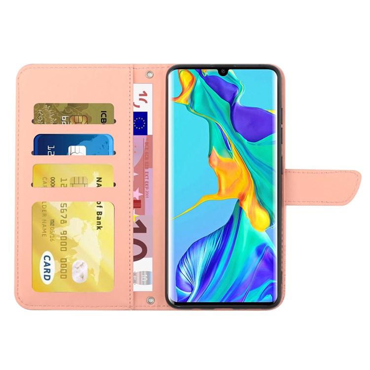 Skin-touch Feel PU Leather Case for Huawei P30 Pro, Butterfly and Flower Imprinting Pattern Shockproof Stand Wallet Cellphone Cover with Shoulder Strap - Pink