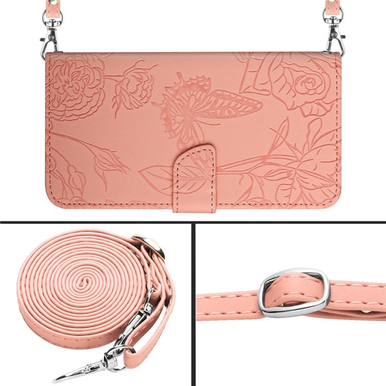 Skin-touch Feel PU Leather Case for Huawei P30 Pro, Butterfly and Flower Imprinting Pattern Shockproof Stand Wallet Cellphone Cover with Shoulder Strap - Pink