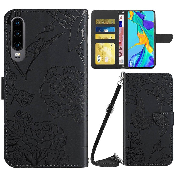 Skin-touch Feel PU Leather Case for Huawei P30, Butterfly and Flower Imprinting Pattern Supporting Stand Wallet Phone Cover with Shoulder Strap - Black