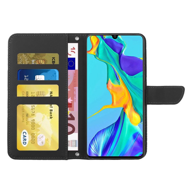 Skin-touch Feel PU Leather Case for Huawei P30, Butterfly and Flower Imprinting Pattern Supporting Stand Wallet Phone Cover with Shoulder Strap - Black