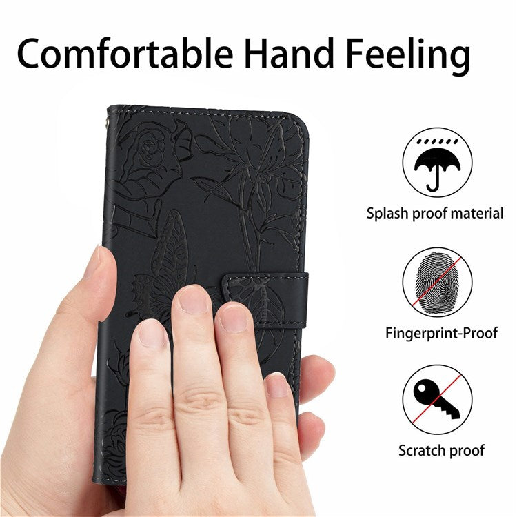 Skin-touch Feel PU Leather Case for Huawei P30, Butterfly and Flower Imprinting Pattern Supporting Stand Wallet Phone Cover with Shoulder Strap - Black