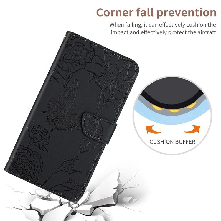 Skin-touch Feel PU Leather Case for Huawei P30, Butterfly and Flower Imprinting Pattern Supporting Stand Wallet Phone Cover with Shoulder Strap - Black