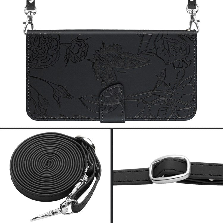 Skin-touch Feel PU Leather Case for Huawei P30, Butterfly and Flower Imprinting Pattern Supporting Stand Wallet Phone Cover with Shoulder Strap - Black
