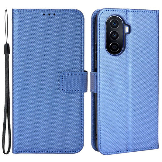 Diamond Texture Case for Huawei nova Y70 4G/nova Y70 Plus 4G, Stand Wallet Anti-wear Leather Protective Phone Cover with Strap - Blue