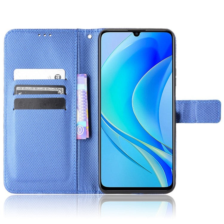 Diamond Texture Case for Huawei nova Y70 4G/nova Y70 Plus 4G, Stand Wallet Anti-wear Leather Protective Phone Cover with Strap - Blue