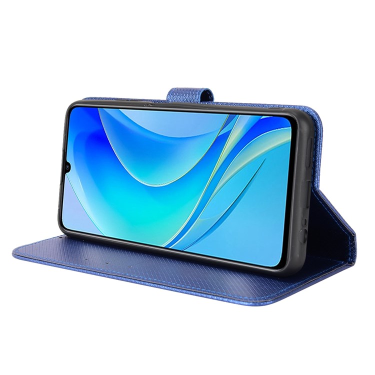 Diamond Texture Case for Huawei nova Y70 4G/nova Y70 Plus 4G, Stand Wallet Anti-wear Leather Protective Phone Cover with Strap - Blue