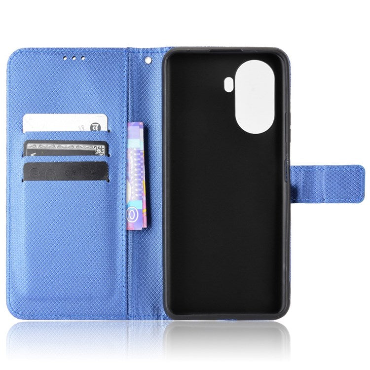Diamond Texture Case for Huawei nova Y70 4G/nova Y70 Plus 4G, Stand Wallet Anti-wear Leather Protective Phone Cover with Strap - Blue