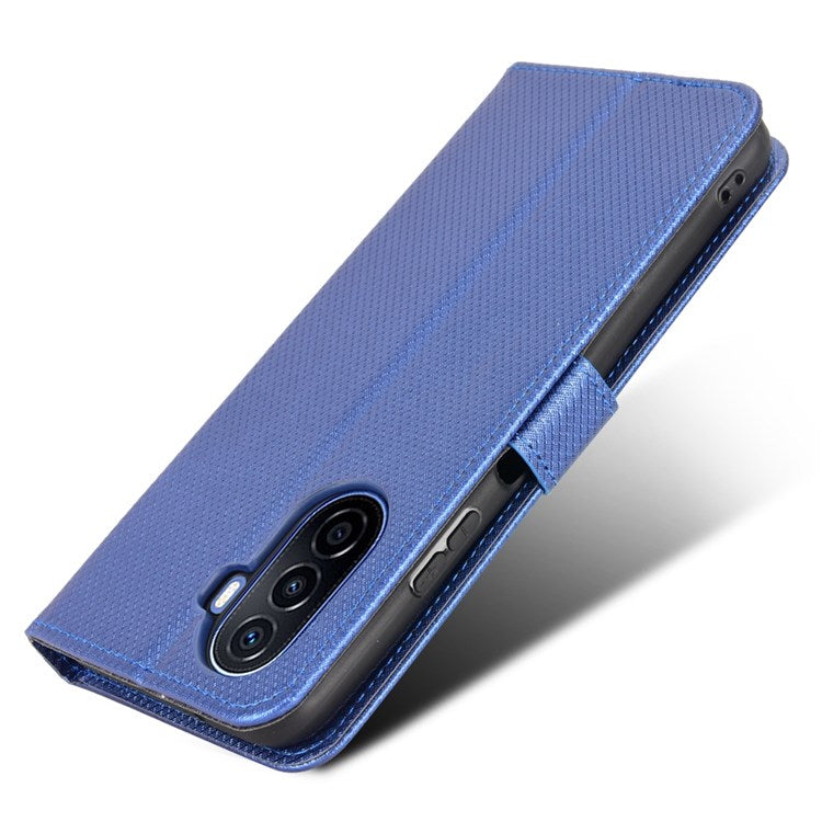 Diamond Texture Case for Huawei nova Y70 4G/nova Y70 Plus 4G, Stand Wallet Anti-wear Leather Protective Phone Cover with Strap - Blue