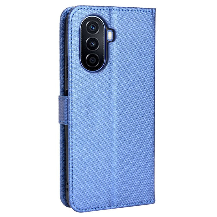 Diamond Texture Case for Huawei nova Y70 4G/nova Y70 Plus 4G, Stand Wallet Anti-wear Leather Protective Phone Cover with Strap - Blue