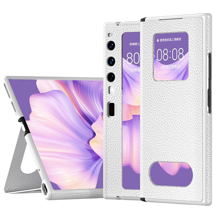 Hollow-out PU Leather Coated PC Phone Case for Huawei Mate Xs 2, Litchi Texture Magnetic Closure Kickstand Folding Phone Cover - White