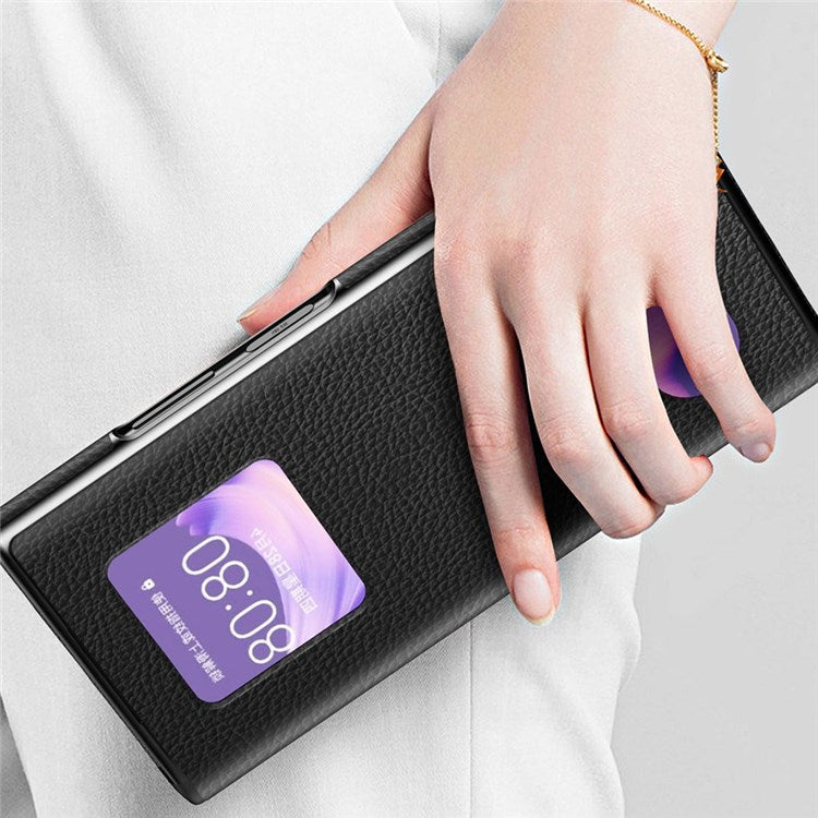 Hollow-out PU Leather Coated PC Phone Case for Huawei Mate Xs 2, Litchi Texture Magnetic Closure Kickstand Folding Phone Cover - White