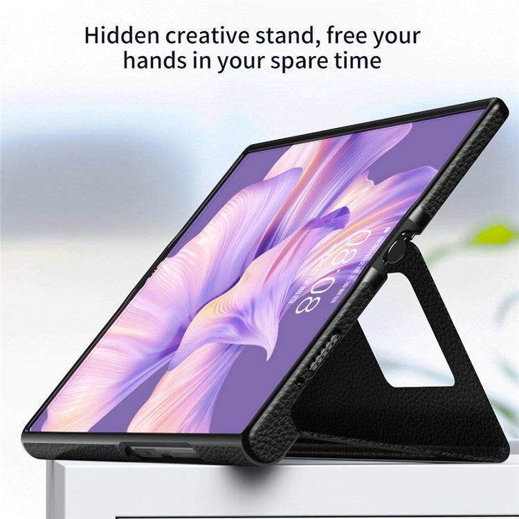 Hollow-out PU Leather Coated PC Phone Case for Huawei Mate Xs 2, Litchi Texture Magnetic Closure Kickstand Folding Phone Cover - White