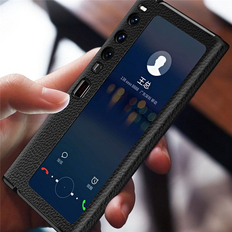 Hollow-out PU Leather Coated PC Phone Case for Huawei Mate Xs 2, Litchi Texture Magnetic Closure Kickstand Folding Phone Cover - White