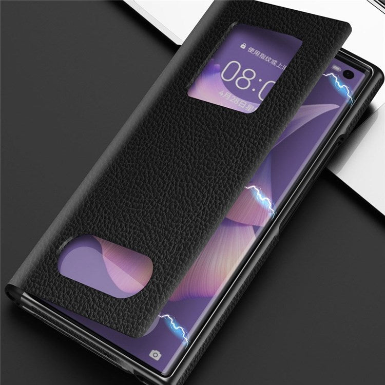 Hollow-out PU Leather Coated PC Phone Case for Huawei Mate Xs 2, Litchi Texture Magnetic Closure Kickstand Folding Phone Cover - White