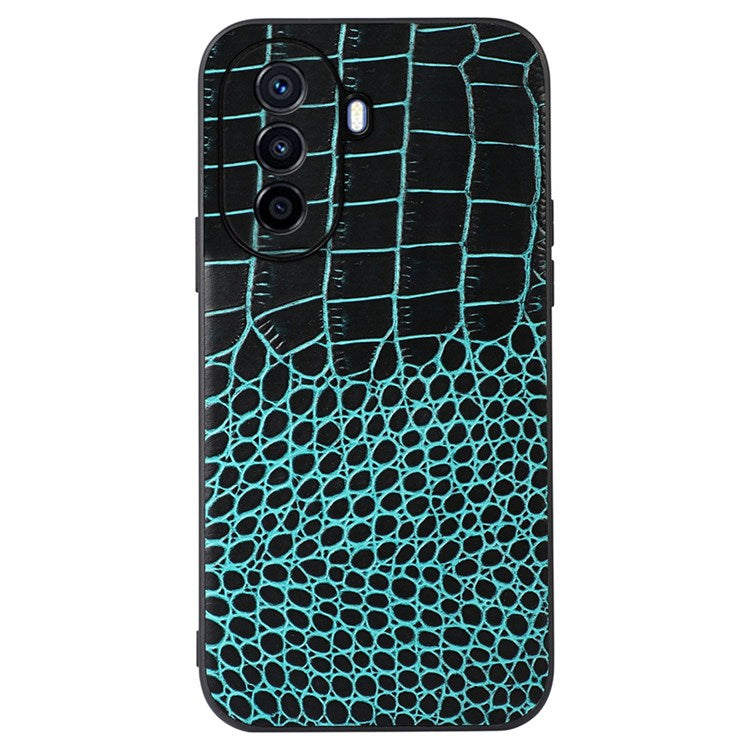 For Huawei Enjoy 50/nova Y70 4G/nova Y70 Plus 4G Crocodile Texture Genuine Cowhide Leather Coating Case Leather Soft TPU Hard PC Protection Phone Cover - Green
