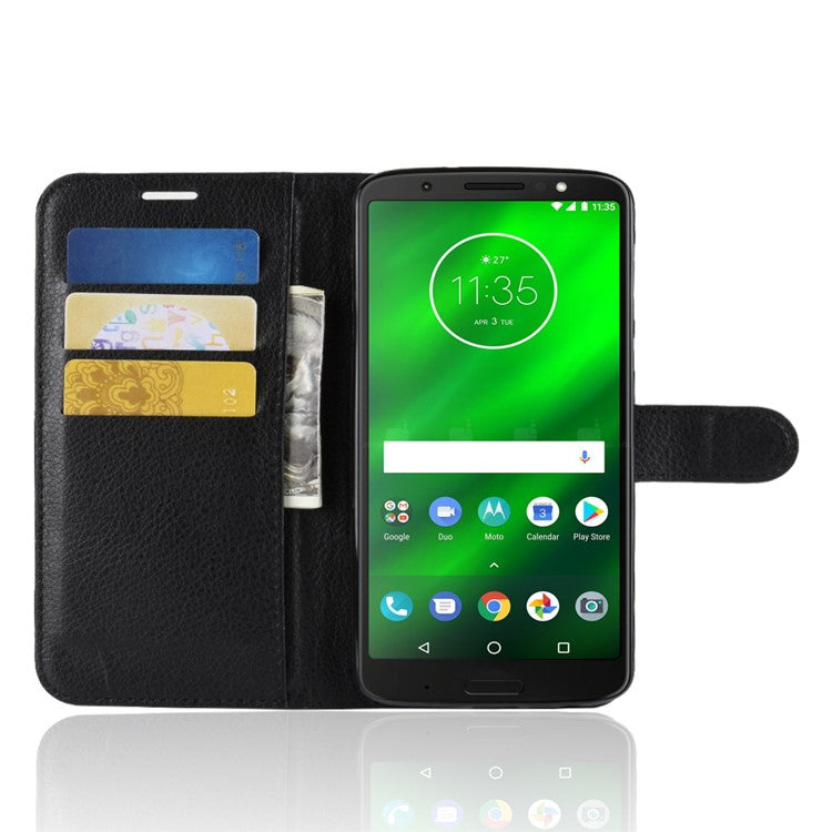Litchi Texture Wallet Stand Leather Flip Casing for Motorola Moto G6 Plus - Black