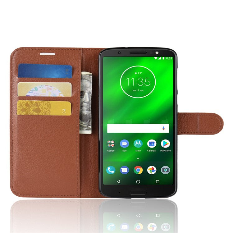 Litchi Texture Wallet Stand Leather Protective Shell for Motorola Moto G6 Plus - Brown