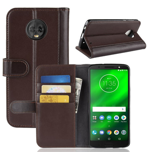 Genuine Split Leather Wallet Stand Mobile Flip Cover for Motorola Moto G6 Plus - Brown