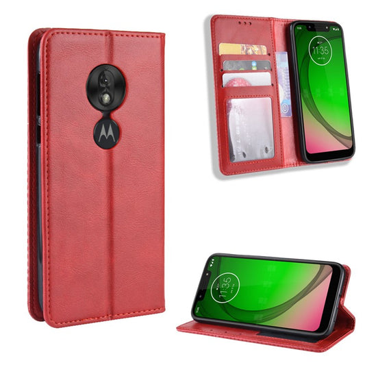 Vintage Style Leather Auto-absorbed Wallet Phone Case for Motorola Moto G7 Play (EU Version) - Red