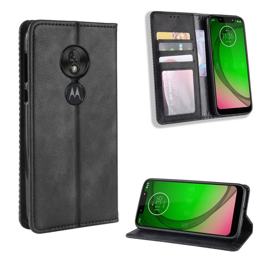 Vintage Style Leather Auto-absorbed Wallet Phone Case for Motorola Moto G7 Play (EU Version) - Black