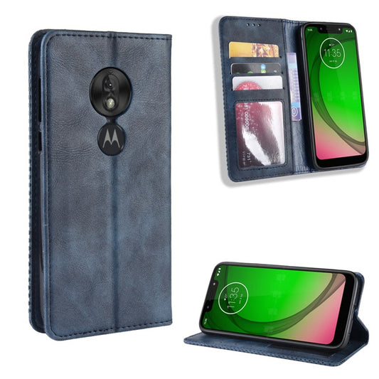 Vintage Style Leather Auto-absorbed Wallet Phone Case for Motorola Moto G7 Play (EU Version) - Blue