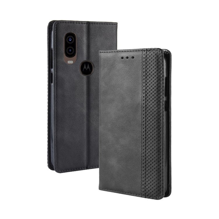 Auto-absorbed Vintage Leather Wallet Stand Shell for Motorola One Vision / P50 - Black