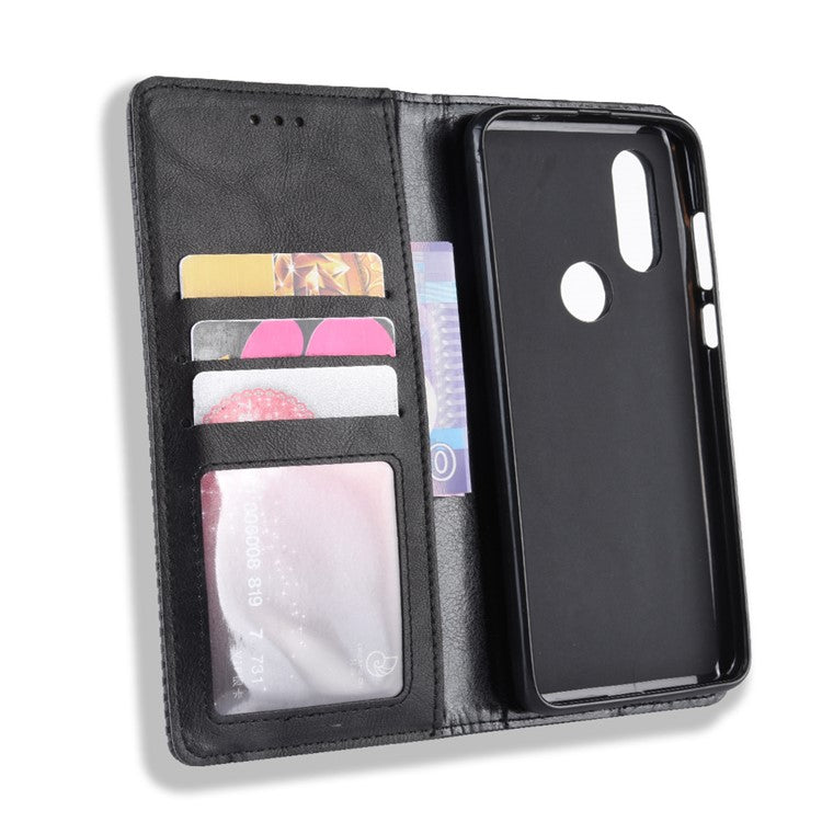 Auto-absorbed Vintage Leather Wallet Stand Shell for Motorola One Vision / P50 - Black