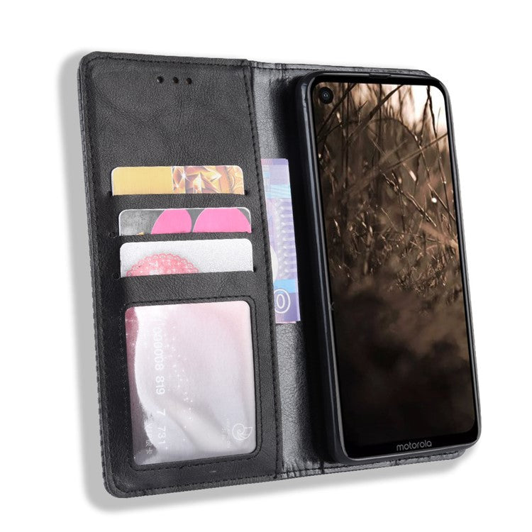 Auto-absorbed Vintage Leather Wallet Stand Shell for Motorola One Vision / P50 - Black