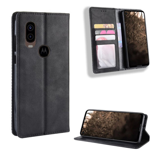 Vintage Style PU Leather Wallet Phone Cover for Motorola One Vision / P50 - Black