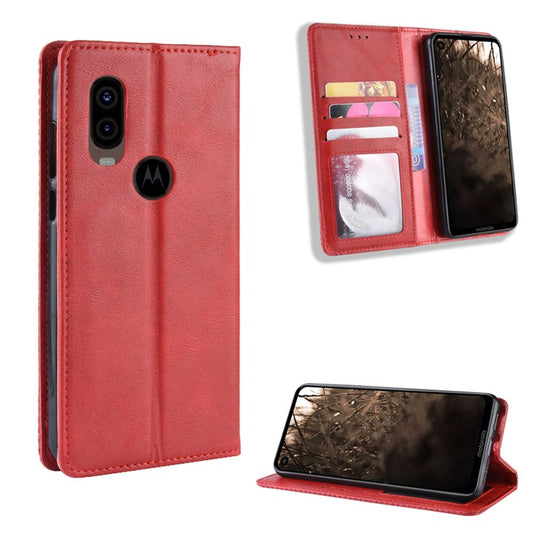 Vintage Style PU Leather Wallet Phone Cover for Motorola One Vision / P50 - Red